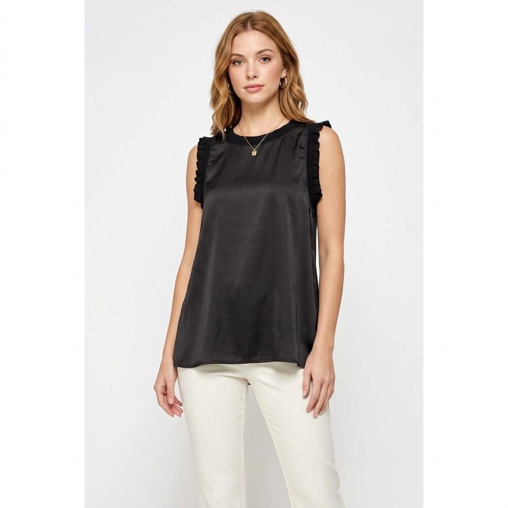 Ophelia Roe Tunic Top, Small, Black Satin Ruffle Sleeveless Summer Office Blouse - Picture 11 of 11